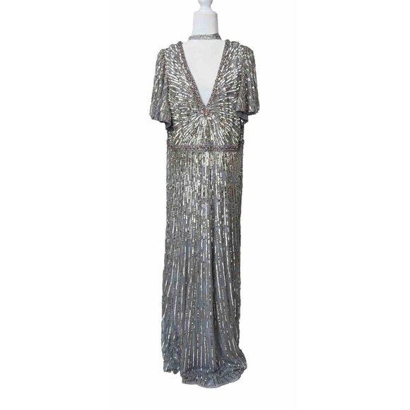 MAC DUGGAL 5538 EMBELLISHED V-NECK BUTTERFLY SLEEVE PLATINUM Formal GOWN16 NEW